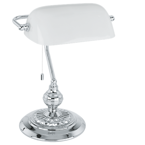 Banker bordlampe i metal Krom med satineret Hvid glasskærm, med afbryder på lampe snortræk, MAX 60W E27, bredde 27,5 cm, højde 3
